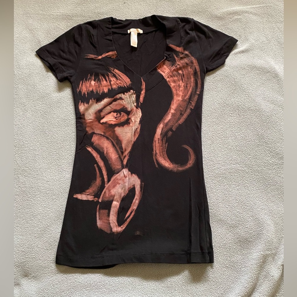 DYI Black and Brown Cyber Gasmask Graphic V-Neck Tee OOAK S